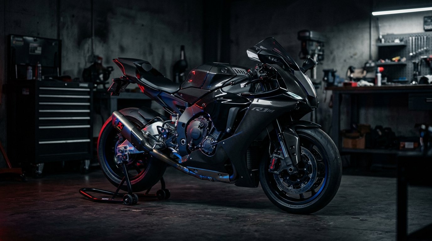 Track-ready sportbike under moody studio garage lighting
