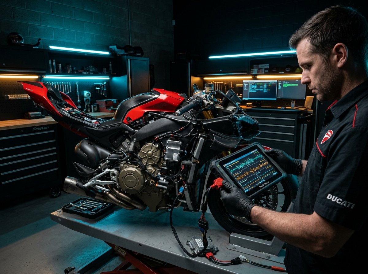 Motorcycle ECU diagnostic tablet connected to harness
