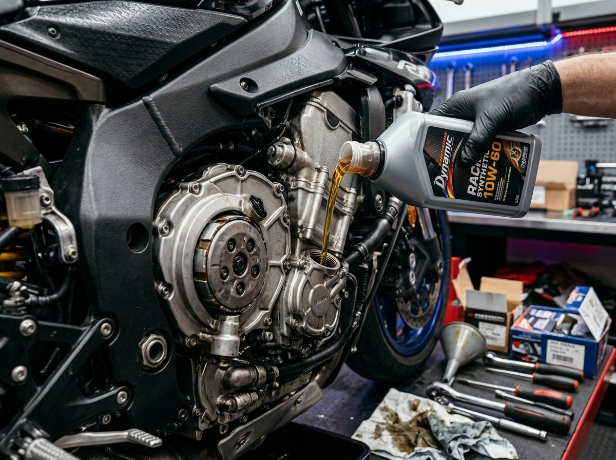 Pouring synthetic racing engine oil during bike service
